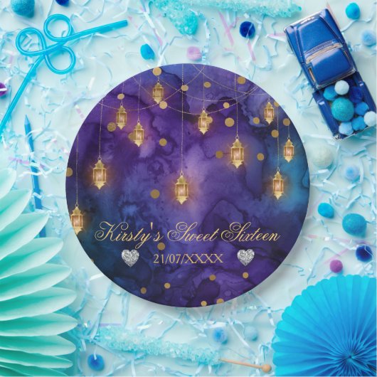 Mystic Lila Blue Lanterns & Gold Bokeh Sweet 16 Pappteller (Party)