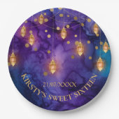 Mystic Lila Blue Lanterns & Gold Bokeh Sweet 16 Pappteller (Vorderseite)