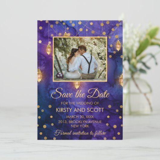 Mystic Lila Night Lanterns Bokeh Save the Date Einladung (Stehend Vorderseite)