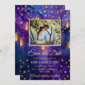 Mystic Lila Night Lanterns Bokeh Save the Date Einladung (Vorne/Hinten)