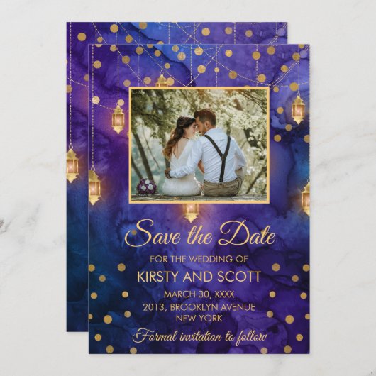 Mystic Lila Night Lanterns Bokeh Save the Date Einladung (Vorne/Hinten)