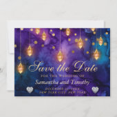 Mystic Lila Night Lanterns Bokeh Save the Date Einladung (Vorderseite)