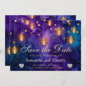 Mystic Lila Night Lanterns Bokeh Save the Date Einladung (Vorne/Hinten)