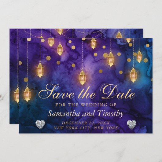 Mystic Lila Night Lanterns Bokeh Save the Date Einladung (Vorne/Hinten)