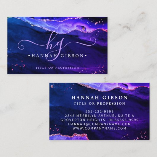 Mystic Lila Pink Blue Agate Script Monogram Visitenkarte (Vorne/Hinten)