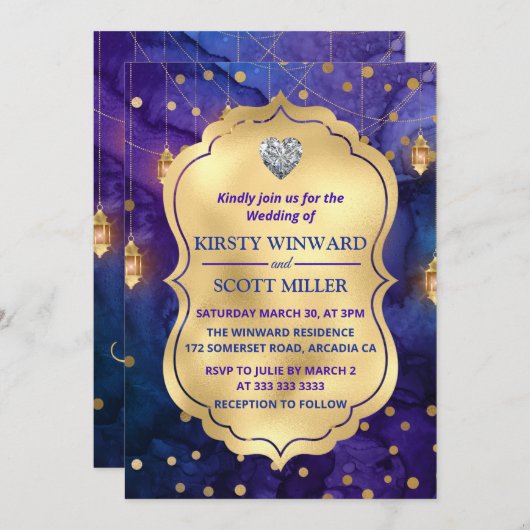 Mystic Marrakesh Night Lanterns & Bokeh Wedding Einladung (Vorne/Hinten)