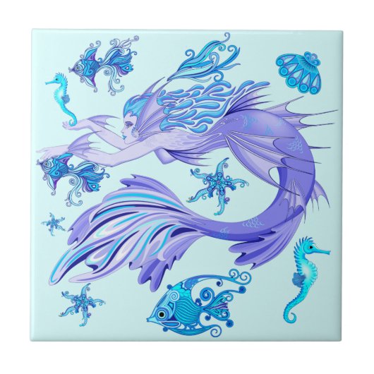 Mystic Mermaid Fairy Lila Creature Keramik Tile Fliese (Vorderseite)
