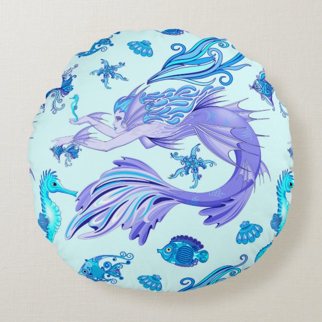 Mystic Mermaid Fairy Lila Creature Keramik Tile Rundes Kissen (Vorderseite)