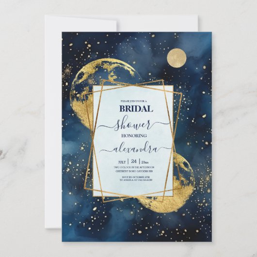 Mystic Midnight Blue und Gold Watercolor Bridal Einladung (Vorderseite)