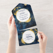 Mystic Midnight Blue und Gold Watercolor Wedding All In One Einladung (Abreißen)