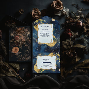 Mystic Midnight Blue und Gold Watercolor Wedding All In One Einladung
