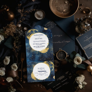 Mystic Midnight Blue und Gold Watercolor Wedding All In One Einladung