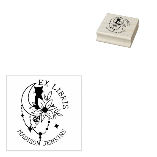Mystic Moon Cat mit Blume, Ex Libris Book Gummistempel (Stempel)