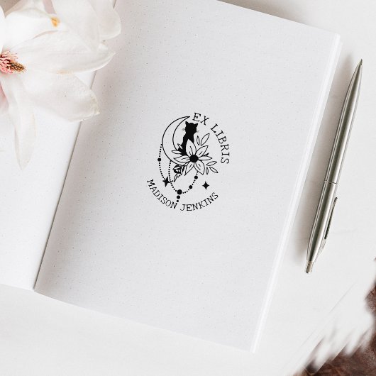 Mystic Moon Cat mit Blume, Ex Libris Book Gummistempel