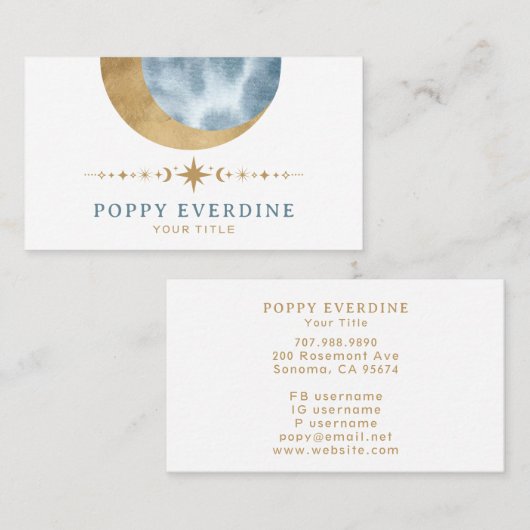 Mystic Moon Gold Blue Stars Astrologie Yoga Visitenkarte (Vorne/Hinten)