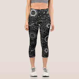 Mystic Moon Stars Sun Planet Psychedelics Art Capri Leggings