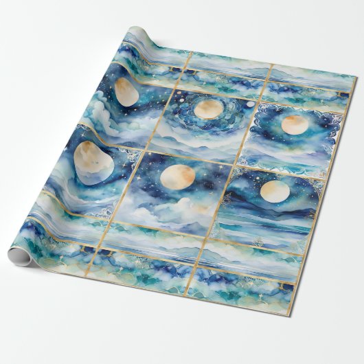 Mystic Moonlight Stars Ocean Blue Sea Decoupage Geschenkpapier (Ungerollt)
