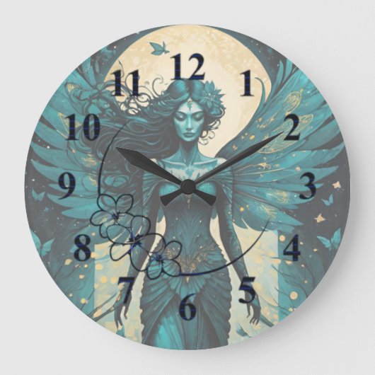 Mystic Moonlit Fee Große Wanduhr (Vorderseite)