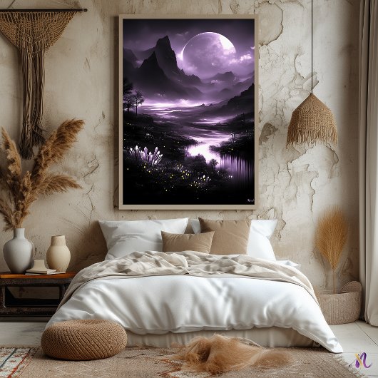 Mystic Moonlit Valley - einfarbige Fantasie Poster