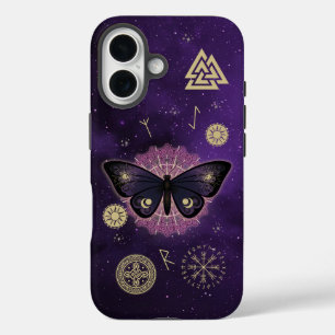 Mystic Moth & Norse Runes on Cosmic Lila iPhone 16 Hülle