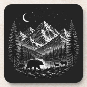 Mystic Mountain Wilderness Nacht im Linocut-Stil Getränkeuntersetzer