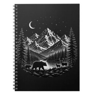 Mystic Mountain Wilderness Nacht im Linocut-Stil Notizblock