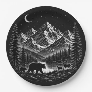Mystic Mountain Wilderness Nacht im Linocut-Stil Pappteller