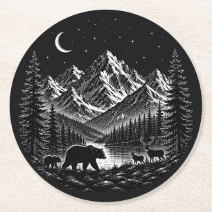 Mystic Mountain Wilderness Nacht im Linocut-Stil Runder Pappuntersetzer