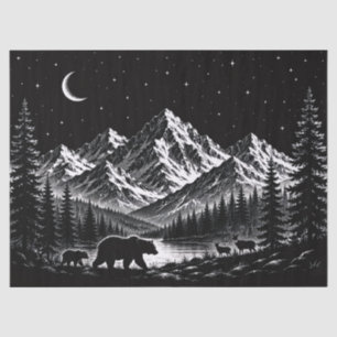 Mystic Mountain Wilderness Nacht im Linocut-Stil Seidenpapier