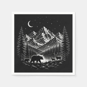 Mystic Mountain Wilderness Nacht im Linocut-Stil Serviette