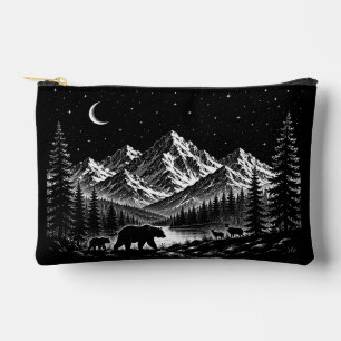 Mystic Mountain Wilderness Nacht im Linocut-Stil Zubehörtasche