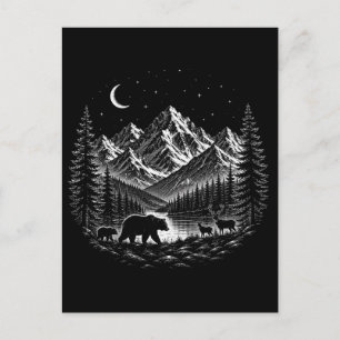 Mystic Mountain Wilderness Night Linocut Stil Postkarte