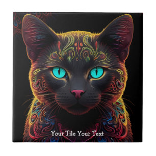 Mystic Neon Mandala Cat Psychedelic Feline Fantasy Fliese