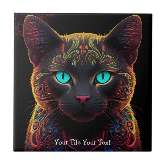 Mystic Neon Mandala Cat Psychedelic Feline Fantasy Fliese (Vorderseite)