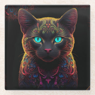 Mystic Neon Mandala Cat Psychedelic Feline Fantasy Glasuntersetzer