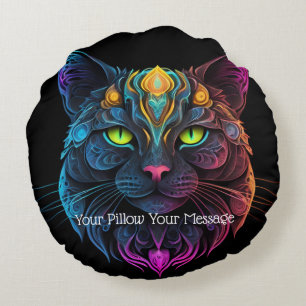 Mystic Neon Mandala Cat Psychedelic Feline Fantasy Rundes Kissen