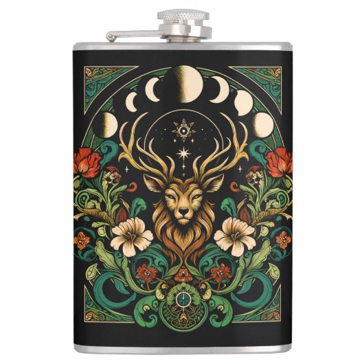 Mystic Pagan Stag and Moon Phase Flachmann (Vorderseite)