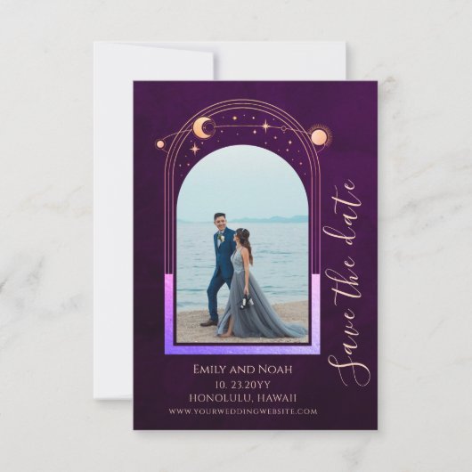 Mystic Rainbow Deep Plum Sun Moon Star Space Save The Date (Vorderseite)