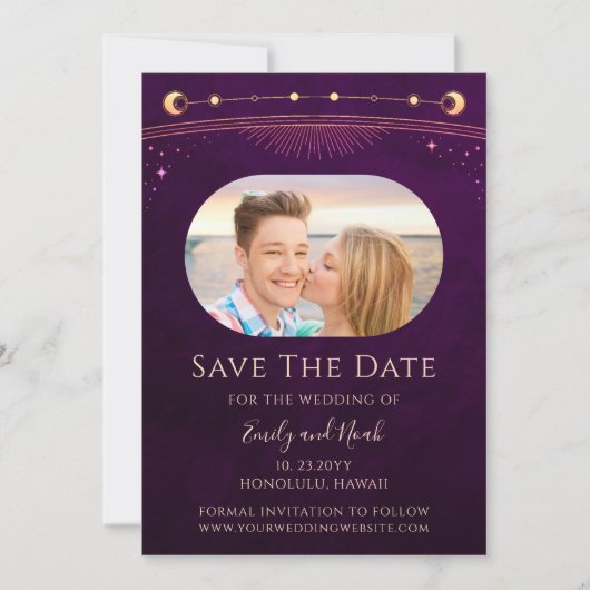 Mystic Rainbow Deep Plum Sun Moon Star Space Save The Date (Vorderseite)