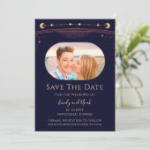 Mystic Rainbow Navy Blue Sun Moon Star Space Save The Date (Stehend Vorderseite)