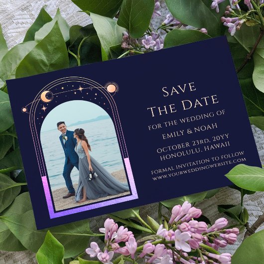 Mystic Rainbow Navy Blue Sun Moon Star Space Save The Date