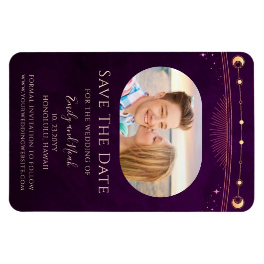 Mystic Rainbow Plum Sun Moon Star Save the Date Magnet (Horizontal)