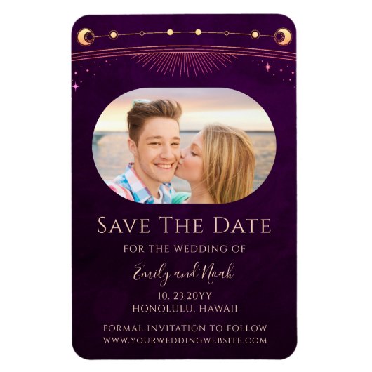 Mystic Rainbow Plum Sun Moon Star Save the Date Magnet (Vertikal)
