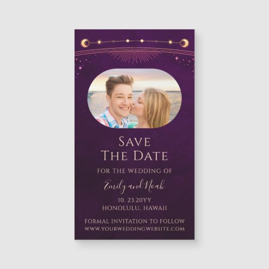 Mystic Rainbow Plum Sun Moon Star Save the Date Magnetkarte (Vorderseite)