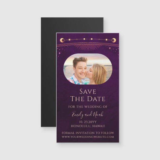 Mystic Rainbow Plum Sun Moon Star Save the Date Magnetkarte (Vorne/Hinten)