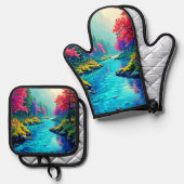 Mystic River Dreamy Forest Path Design Ofenhandschuh & Topflappen-Set (Vorderseite/Rückseite)