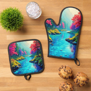 Mystic River Traumhafter Waldpfad-Design Ofenhandschuh & Topflappen-Set