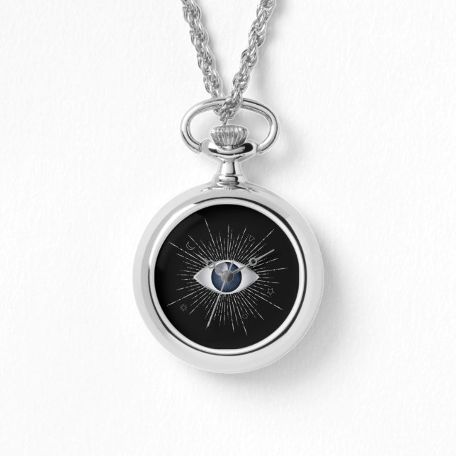 Mystic Silver & Blue Evil Eye Nazar Mati auf Black Armbanduhr (Vorderseite)