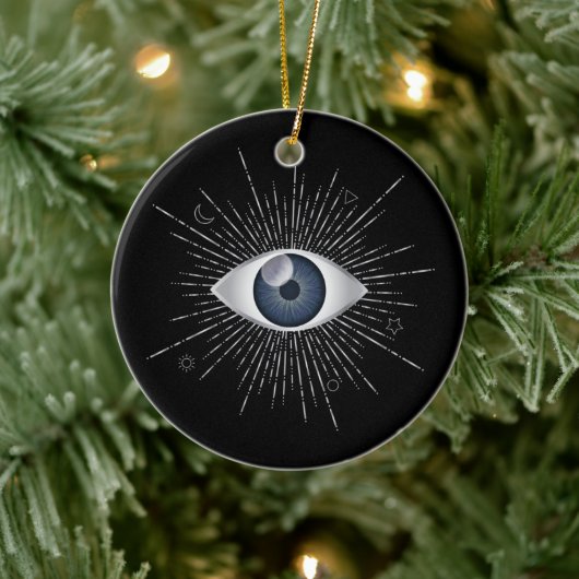 Mystic Silver & Blue Evil Eye Nazar Mati auf Black Keramik Ornament (Baum)