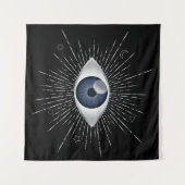 Mystic Silver & Blue Evil Eye Nazar Mati auf Black Wandteppich (Vorderseite (Horizontal))